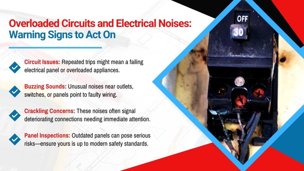 This is an image of a burnt out circuit breaker. The headline reads; Overloaded circuits and electrical noises: Warning signs to act on.